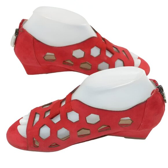 New Bettye Muller Caged Tomato Red Leather Open Toe Wedges Sandals Heels Pumps 7 - Picture 7 of 10